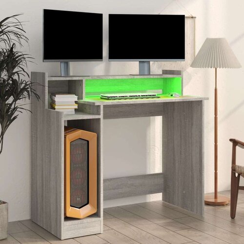 VidaXL radni stol s led svjetlima siva boja hrasta 97x45x90 cm drveni Slike
