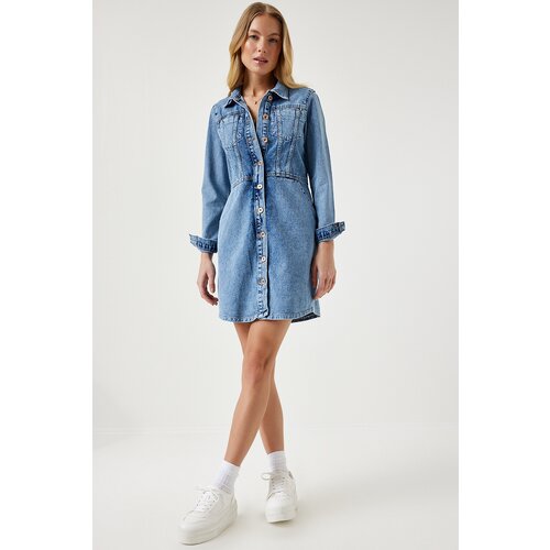 Women's Light Blue Pocket Mini Denim Dress Slike