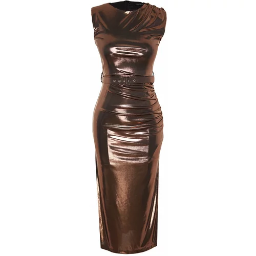 Trendyol Brown Fitted Evening Dress with Shimmering