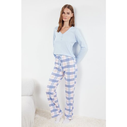 Trendyol blue plaid / checkered single jersey knitted pajama set Slike