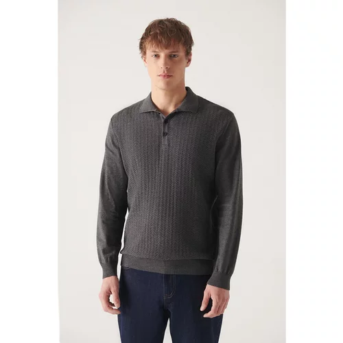Avva Men's Anthracite Polo Neck Herringbone Patterned Cotton Standard Fit Regular Cut Knitwear Sweater