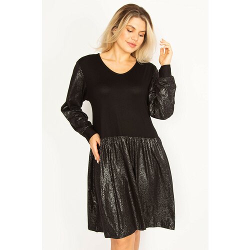 Şans Women's Plus Size Black Lacquer Detail Viscose Dress with Skirt and Sleeves Slike