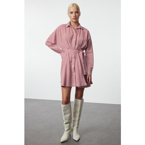 Trendyol Burgundy Striped Belted Mini Woven Shirt Dress Cene