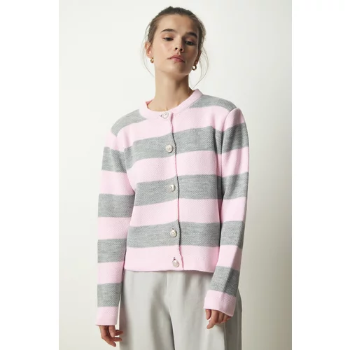 Happiness İstanbul Women's Pink Gray Stylish Buttoned Striped Knitwear Cardigan