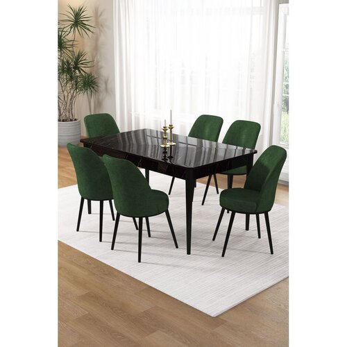 Hanah home trpezarijski set Pir, sto i 6 stolica, ploča u dekoru crnog mermera, kaki zelena tkanina Babyface Cene