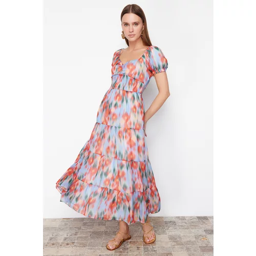 Trendyol Blue Floral Patterned A-Line Gipe Detailed Midi Lined Chiffon Woven Dress