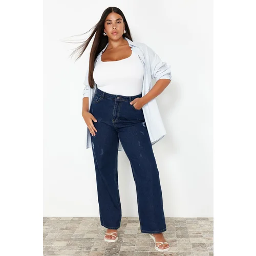 Trendyol Curve Navy Blue High Waist Wide Leg Denim Trousers