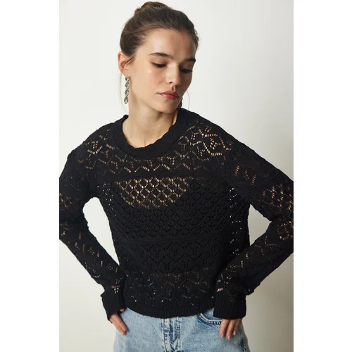  Women's Black Openwork Knitwear Sweater