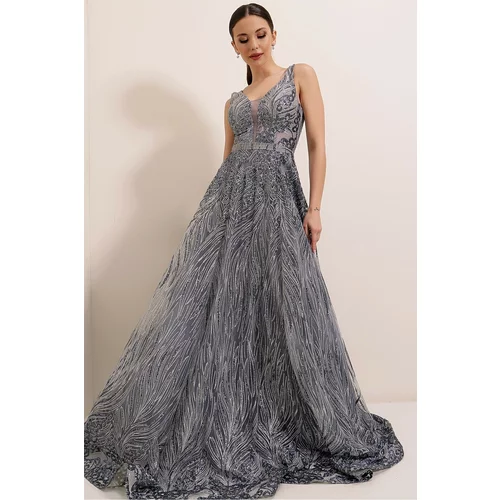 By Saygı Glittery Ghost and Tulle Princess Evening Dress in Silver