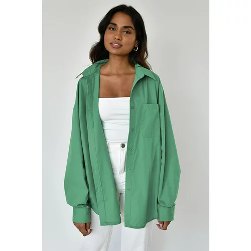 Madmext Green Oversize Basic Poplin Shirt with Pockets