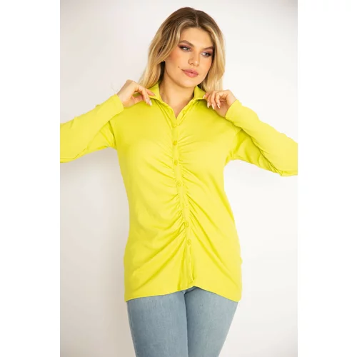 Şans Women's Plus Size Green Front Buttoned Gathered Detailed Lycra Blouse