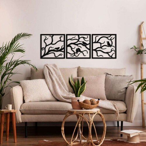 Wallxpert metalni zidni ukras 5232, grane sa pticama u 3 kvadratna panela, 154 x 50 cm, crni Cene