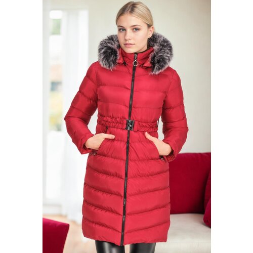Dewberry Z6690 FUR HOODED WOMEN'S COAT-RED-1 Cene