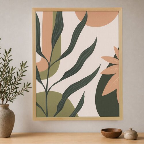Wallxpert uramljena slika na platnu Cc-D-Ah-1032, tropski listovi u zelenim i breskva tonovima, 70 x 95 cm Cene