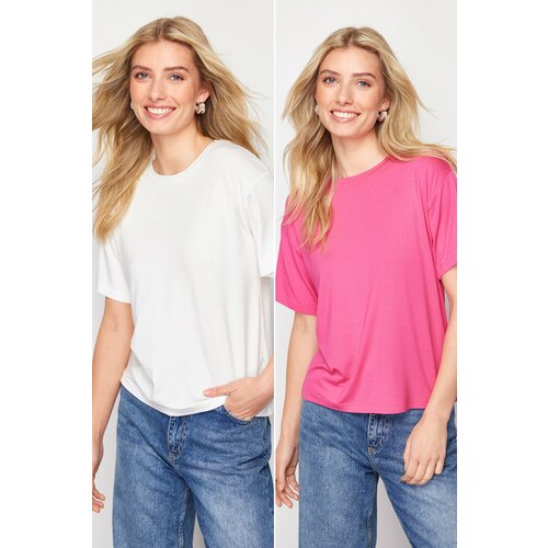 Trendyol White-Pink 2 Pack Viscose Short Sleeve Crew Neck Knitted T-Shirt Cene