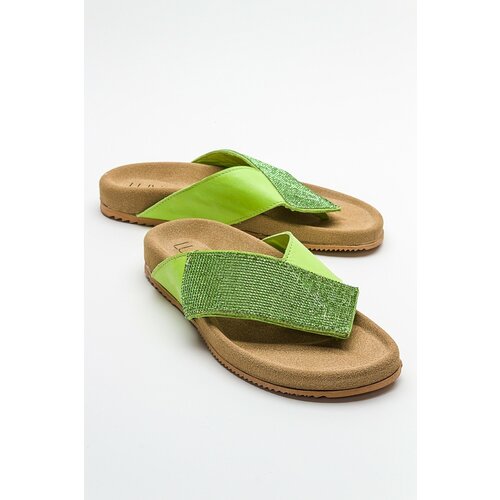 LuviShoes BEEN Women's Green Stone Leather Flip Flops Slike