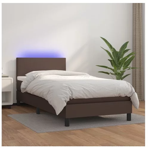  Box spring postelja z vzmetnico LED rjava 100x200 cm um. Usnje