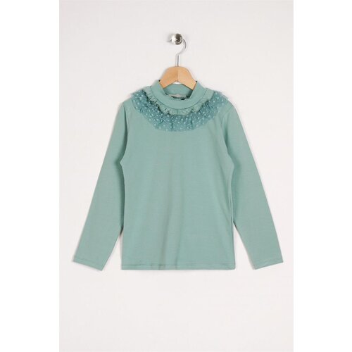 Zepkids Girl&amp;#039;s Long-Sleeved T-Shirt with Ruched Collar in Teak Green. Slike