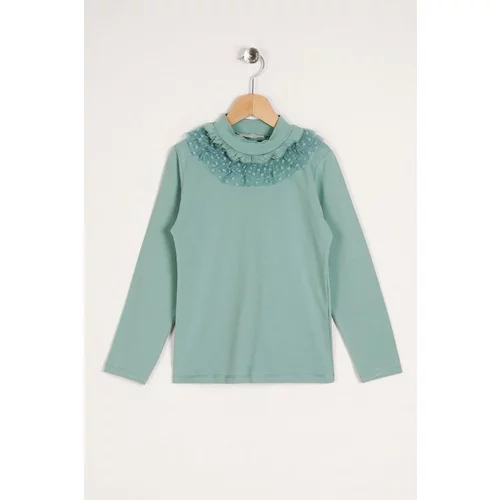 zepkids Girl's Long-Sleeved T-Shirt with Ruched Collar in Teak Green.