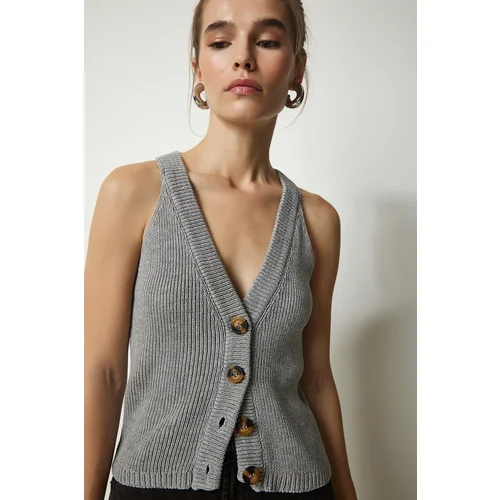  Women's Gray Halterneck Buttons Knitwear Vest