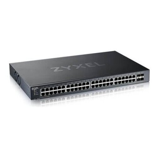 Zyxel XGS1935-52 52-portni pametni upravljani switch (omrežni preklopnik) s 48 gigabitnimi bakrenimi priključki in 4&amp;times;10G SFP+ režami v hibridnem načinu; deluje samostojno ali v NebulaFlex Cloudu Slike