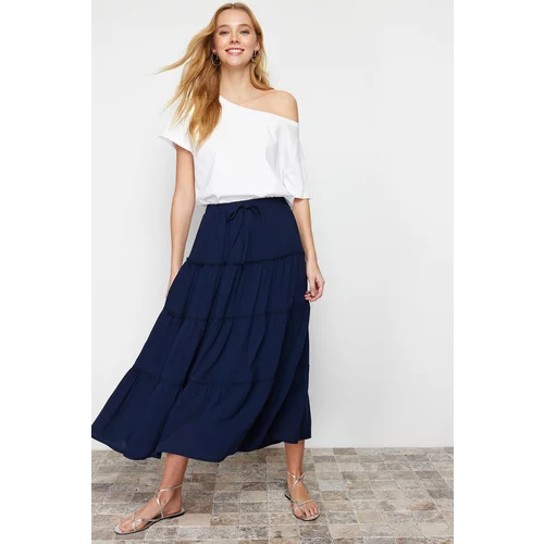 Trendyol Navy Blue Gathered Waist Flared Maxi Length Woven Skirt