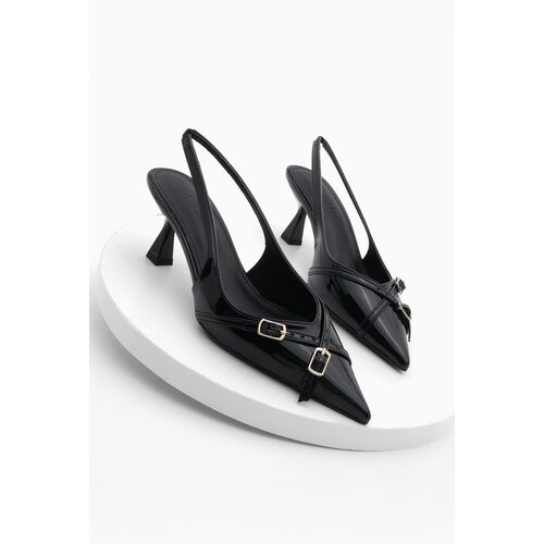 Marjin Women's Stiletto Pointed Toe Open Back Thin Heel Heel Shoes Pouch Black Patent Leather Slike