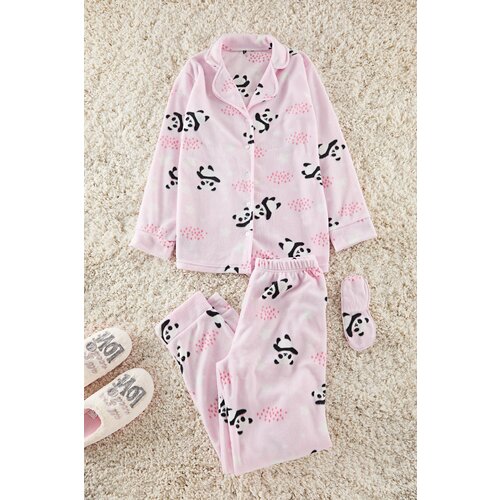 Trendyol Light Pink Panda Patterned Sleep Band Polar Winter Knitted Pajama Set Slike