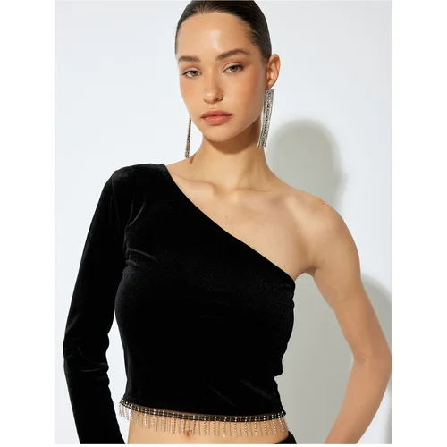 Koton Slim Fit Long Sleeve Rhinestone One Shoulder Velvet Bodysuit