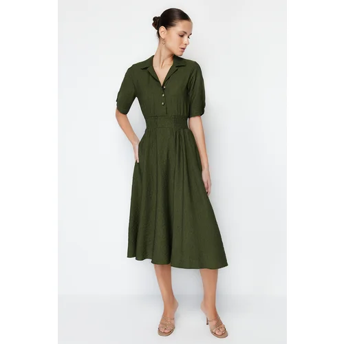 Trendyol Khaki A-line V-neck Gimped Midi Woven Dress