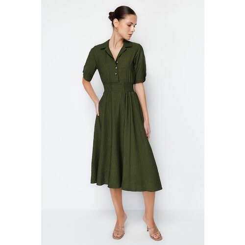 Trendyol Khaki A-line V-neck Gimped Midi Woven Dress Slike