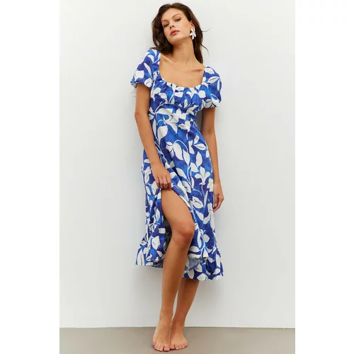 Cool & Sexy Women's Sax-Floral Patterned Linen Midi Dress