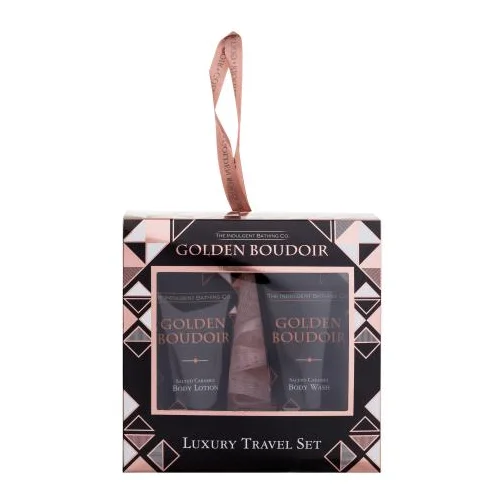 The Indulgent Bathing Co Golden Boudoir Luxury Travel Set Set losion za tijelo Salted Caramel Body Lotion 50 ml + gel za tuširanje Salted Caramel Body Wash 50 ml + spužvica za pranje Luxury Shower Puff 1 kom za ženske