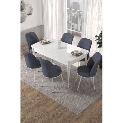 Hanah home trpezarijski set Via, sto na razvlačenje i 6 stolica, bela ploča, dimno siva tkanina Jerry Cene