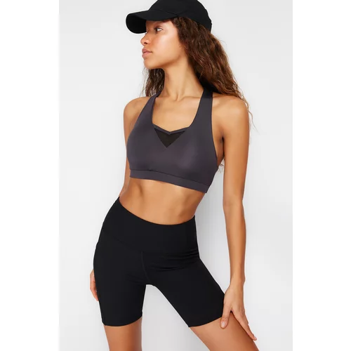 Trendyol Dark Anthracite Supported/Shaping Tulle Detailed Weightlifting Collar Knitted Sports Bra