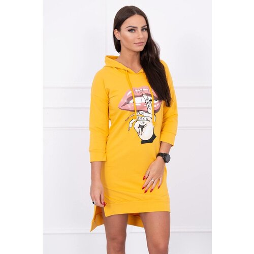  Dress with a longer back and a colorful mustard print Cene