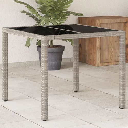 vidaXL Vrtna miza s stekleno ploščo svetlo siva 90x90x75 cm poli ratan
