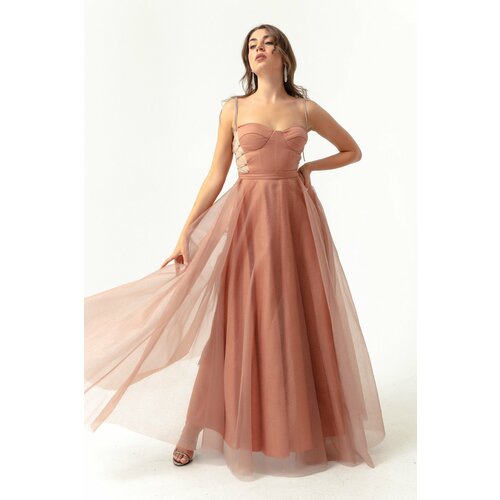 Lafaba Women's Mink Stone Strap Glittery Glittery, Flare Cut Long Evening Dress. Cene