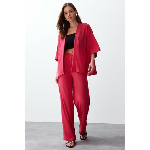Trendyol Pink Relaxed/Comfortable Cut Kimono Knitted Top and Bottom Set Cene