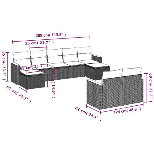 VidaXL 9-dijelni set vrtnih sofa s jastucima crni od poliratana Slike