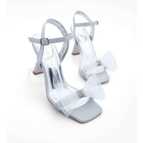 Marjin Women's Flat Toe Bow Evening Dress Heeled Shoes Forge Silver Slike