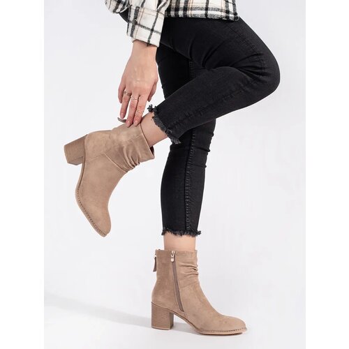 Shelvt Beige suede women's ankle boots with a crinkled upper Cene