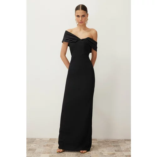 Trendyol Black Fitted Asymmetric Collar Poplin Detail Long Evening Dress