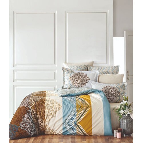  Julia WhiteBrownBlueMustard Ranforce Single XL Quilt Cover Set (DE) Cene