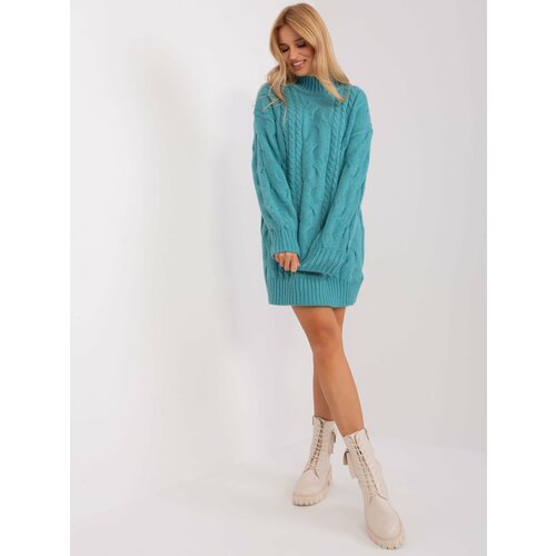 Fashion Hunters Turquoise knitted dress with turtleneck Slike