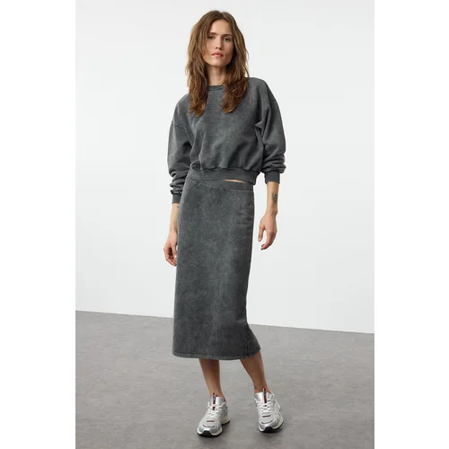 Trendyol Gray Poplin Detailed and Washed Regular/Normal Fit Midi Knitted Bottom-Top Set