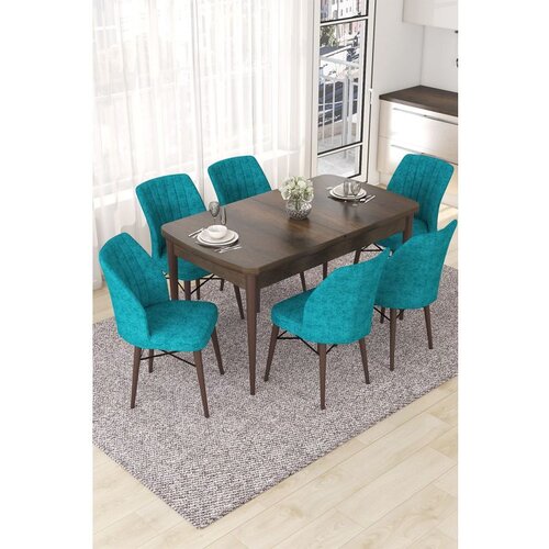 Hanah home Nef - Baroque, Turquoise BaroqueTurquoise Extendable Dining Table & Chairs Set (7 Pieces) Cene