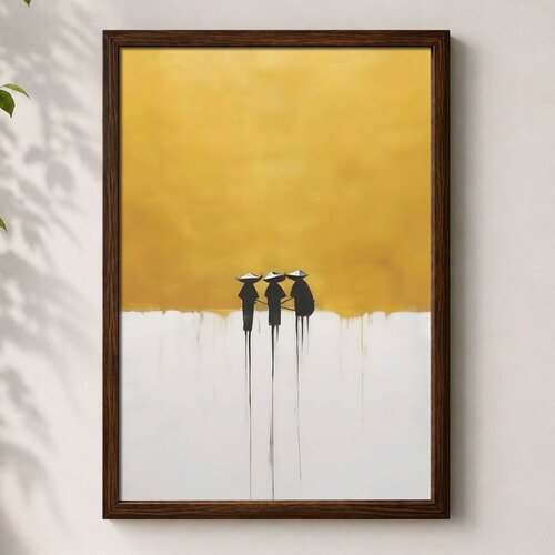 Wallxpert uramljena mdf slika 3752KACT-027, tri siluete sa &scaron;e&scaron;irima ispred zlatnožute pozadine, 37 x 52 cm Cene