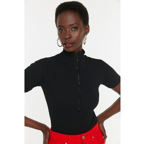 Trendyol Black Zippered Fitted Crop Knitted Blouse Slike