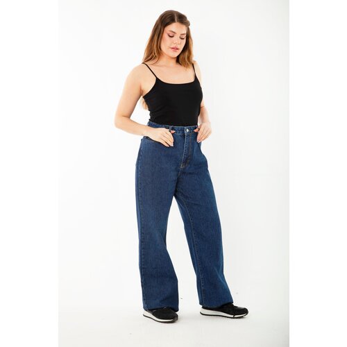 Şans Women's Plus Size Navy Blue Wide Leg 5 Pocket Jeans Slike